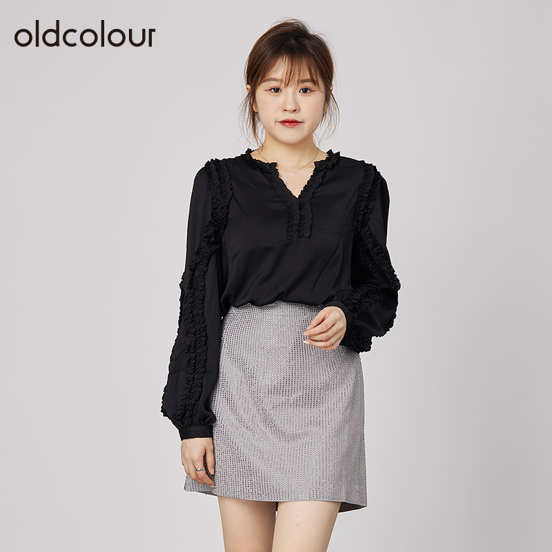 oldcolour2021秋季商场同款V领荷叶边气质衬衫女N31013163