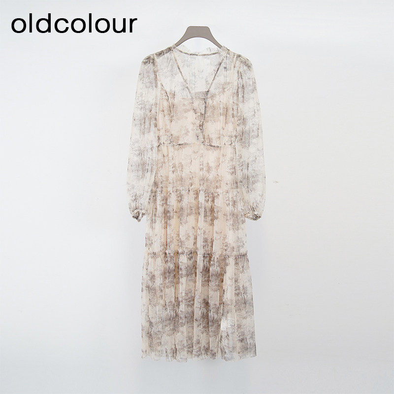 oldcolour春夏款设计感气质时尚通勤长袖连衣裙两件套女Q15101242