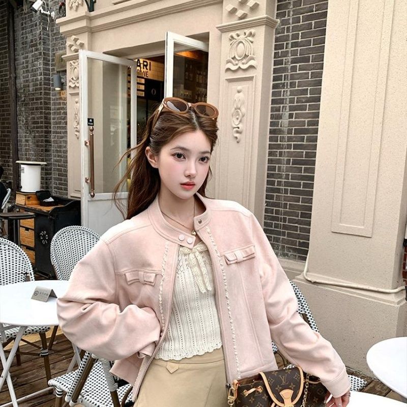 300克麋皮+内里+铜拉链美式复古粉夹克女韩系穿搭宽松短外套
