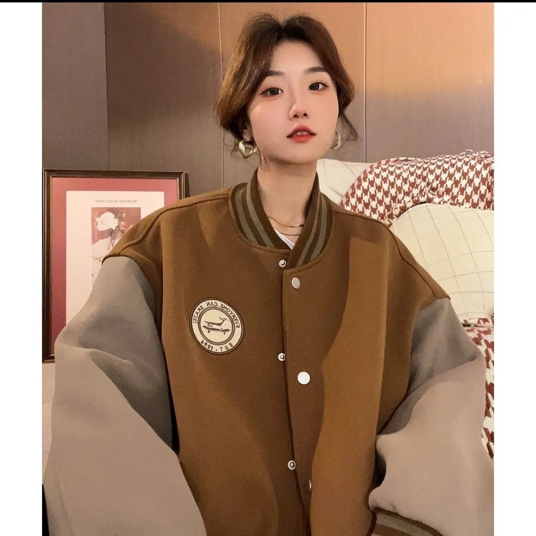 新款撞色拼接美式复古棒球服加绒外套女时尚over size卫衣开衫