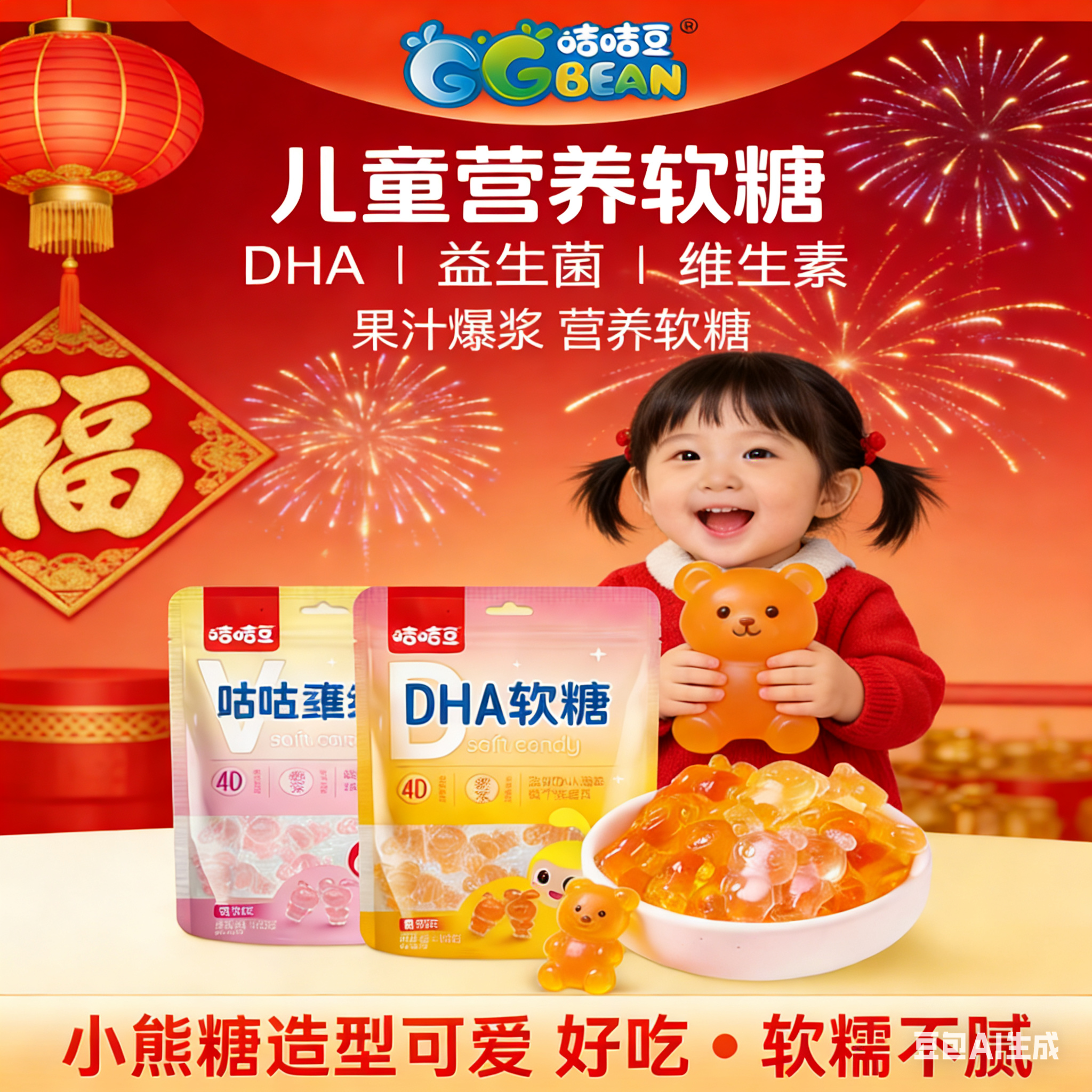 咭咭豆DHA藻油益生菌维生素C软糖VC水果味爆浆儿童休闲糖果零食