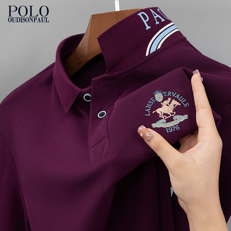 保罗品牌 新款刺绣POLO衫男装长袖T恤 中年高端纯色大码棉质体恤