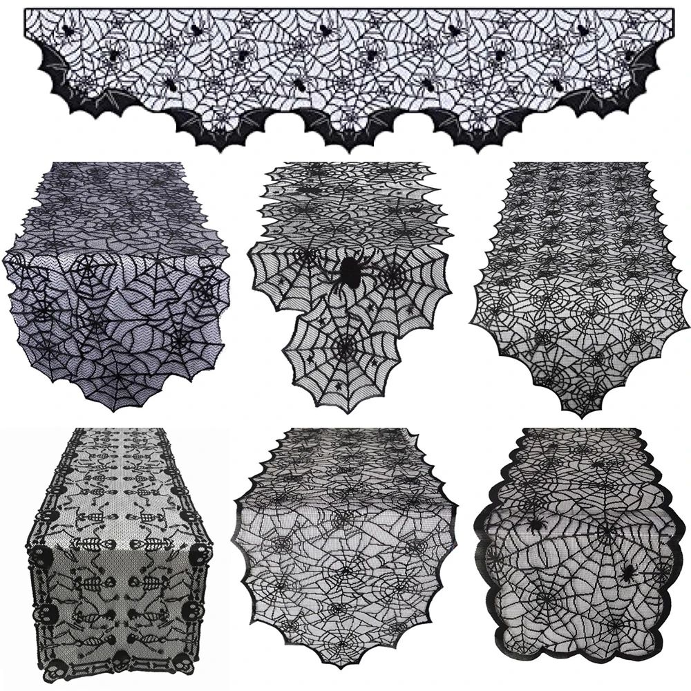 Halloween Lace Table Runner Black Spider Web Tablecloth Fire