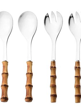 2/4Pcs Long Handle Serving Spoon Fork Bamboo Wooden Handle S