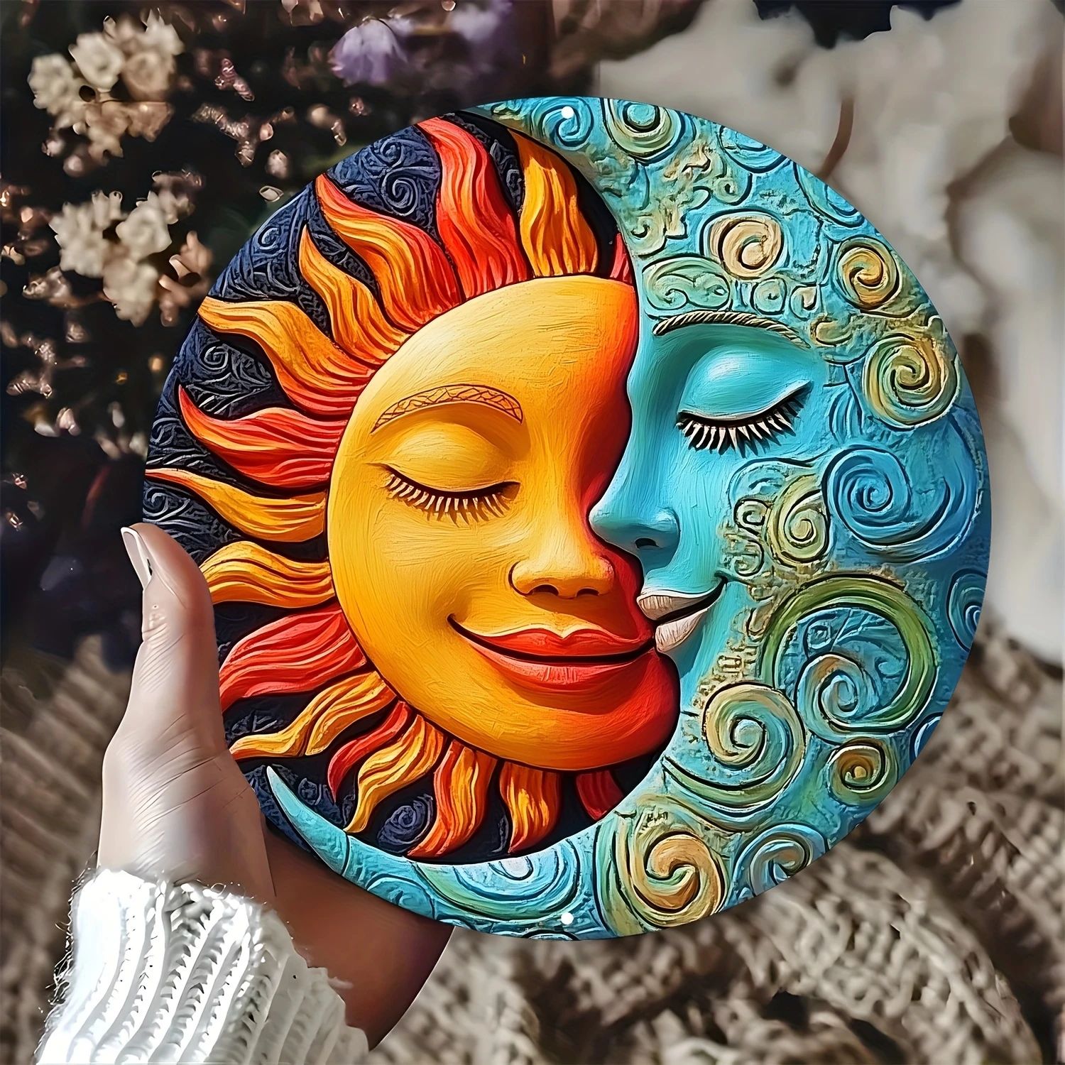 2D Flat Round Wooden Sign Sun And Moon Garden Decoration Far