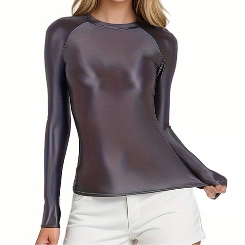 Shiny Long Sleeves Bodysuit Women Glossy Sportswear High Nec