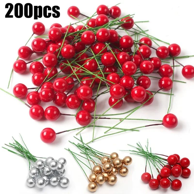 200/50pcs Christmas Artificial Berry Red Gold Cherry Stamen