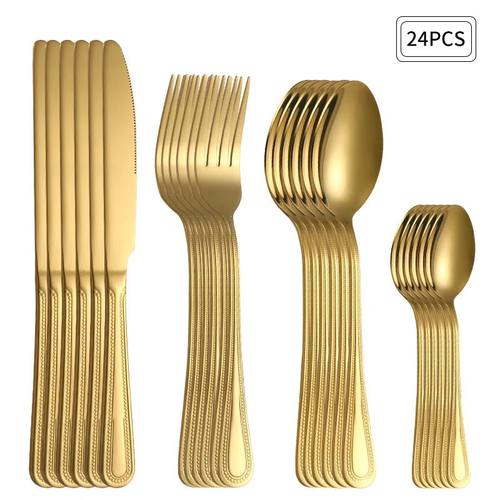 24pc Stainless steel gold cutlery set knife fork spoon steak