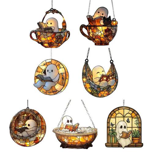 Halloween Ghost Reading Book Acrylic Hanging Ornament Colorf