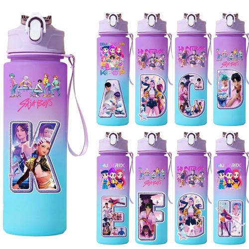 750ml KPop Demon Hunters Water Bottles Letter A-Z Girl Straw