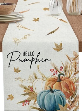 Fall Pumpkin Maple Leaf Wheat Linen Table Runner Party Decor