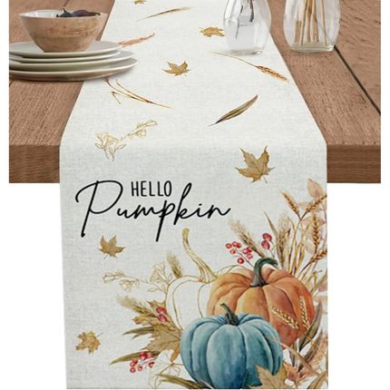 Fall Pumpkin Maple Leaf Wheat Linen Table Runner Party Decor