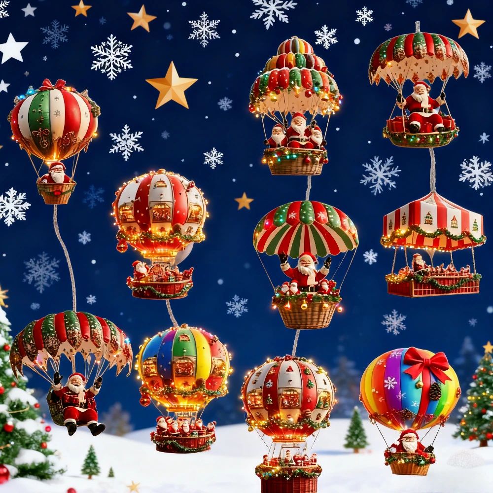 10Pcs Christmas Wooden Hot Air Balloon Santa Claus 2D Flat W