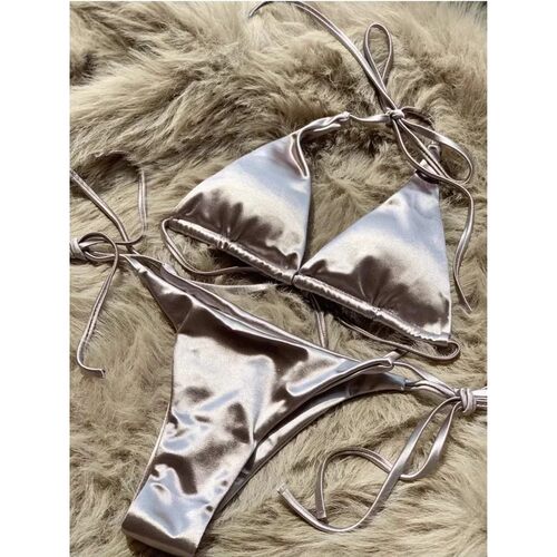 Wrap Around Halter Metallic Satin Bikini Women Swimwear Fema