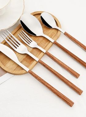 16/24/30Pcs Stainless Steel Imitation Wooden Handle Cutlery