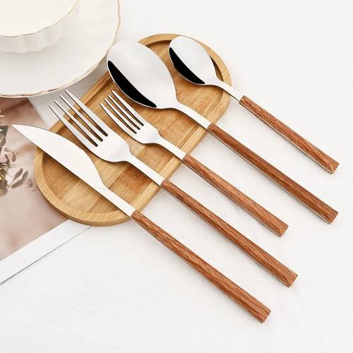 16/24/30Pcs Stainless Steel Imitation Wooden Handle Cutlery