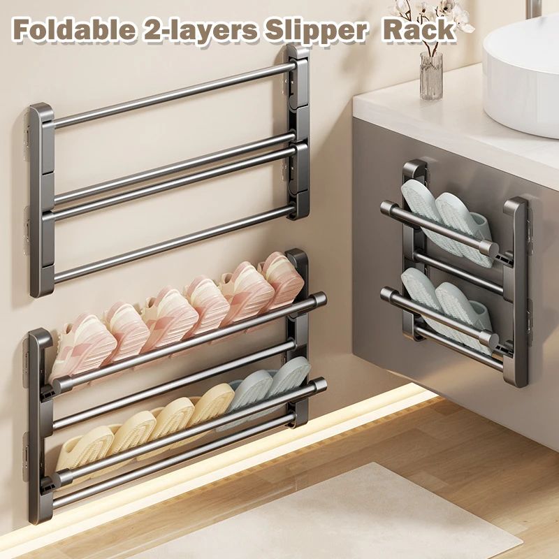 Bathroom Slippers Rack Wall-mounted Punch-free Double Layers