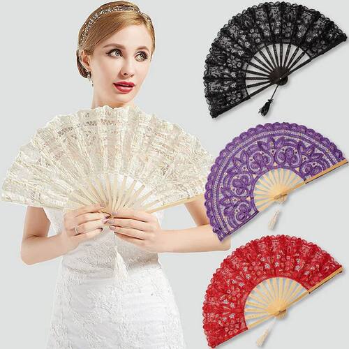 Lace Folding Fan with Tassel Hollow Ribs Elegant Vintage Sty