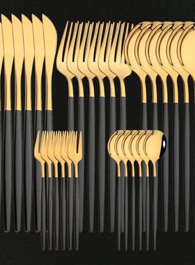 30Pcs/Set Stainless Steel Dinner Black Gold Dinnerware Set K