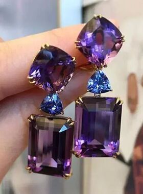 Square Purple Cubic Zirconia Crystal Earrings  for Women New