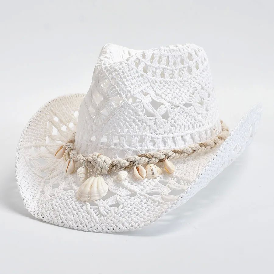 Summer Hand Woven Straw Hat for Women Shell Decoration Holid