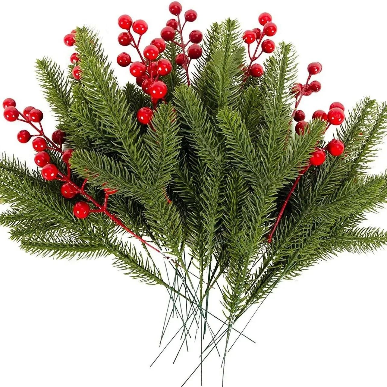 10pcs Artificial Pine Branches Christmas Holly Red Berries S