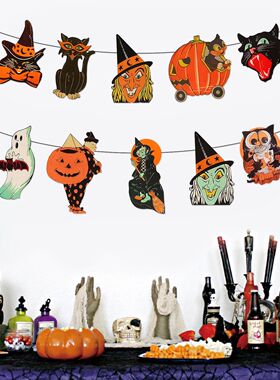Vintage Halloween Pumpkin Black Cat Witch  Hanging Banners D