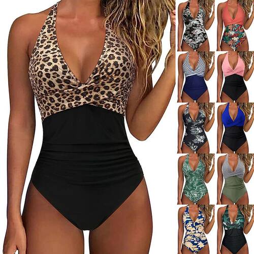 Print One Piece Swimsuit Women Sexy Pleated Bathing Suit Leo