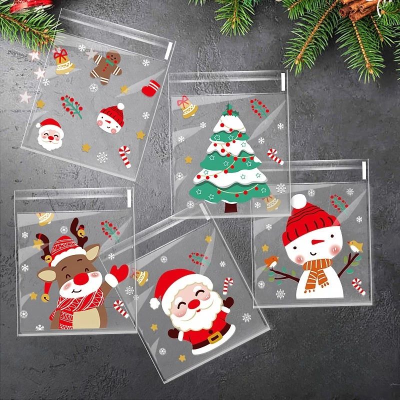 100pcs 10X10cm Christmas Treat Bags Santa Claus Cookies Cand