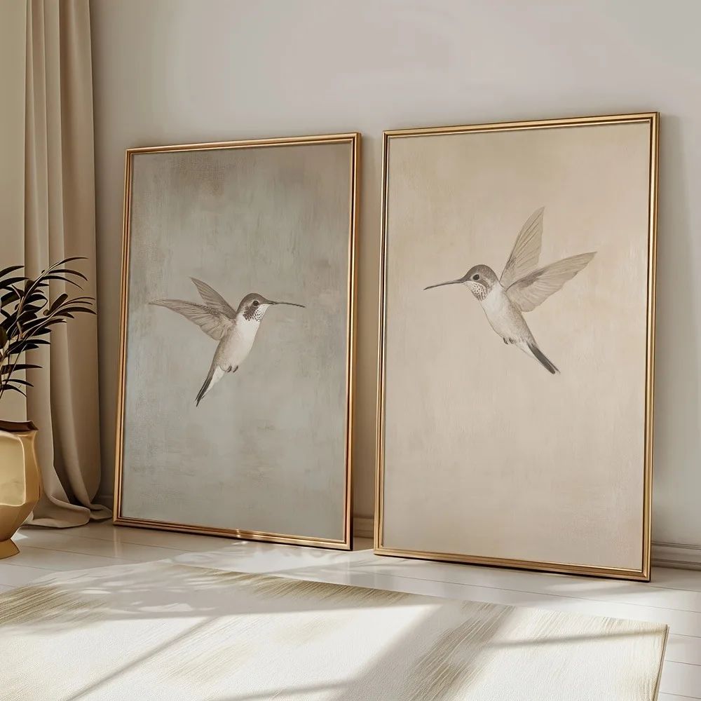 2 Pcs Frameless Retro Hummingbird Wall Art Canvas Posters Si