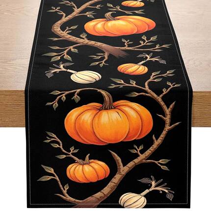 1 Piece of Autumn-Themed Table Runner with Pumpk, Vines, and