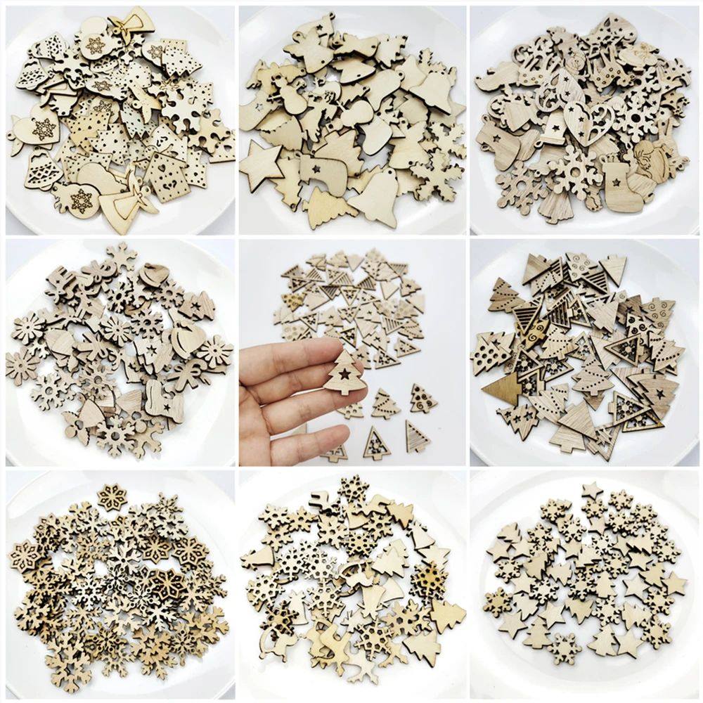 50Pcs Christmas Wooden Chips Natural Snowflake Santa Claus D