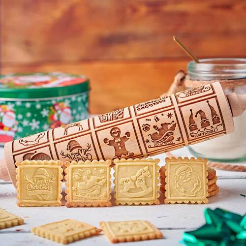 1pc 13.7in 20 Grids Christmas Wooden Embossed Rolling Pin Fo