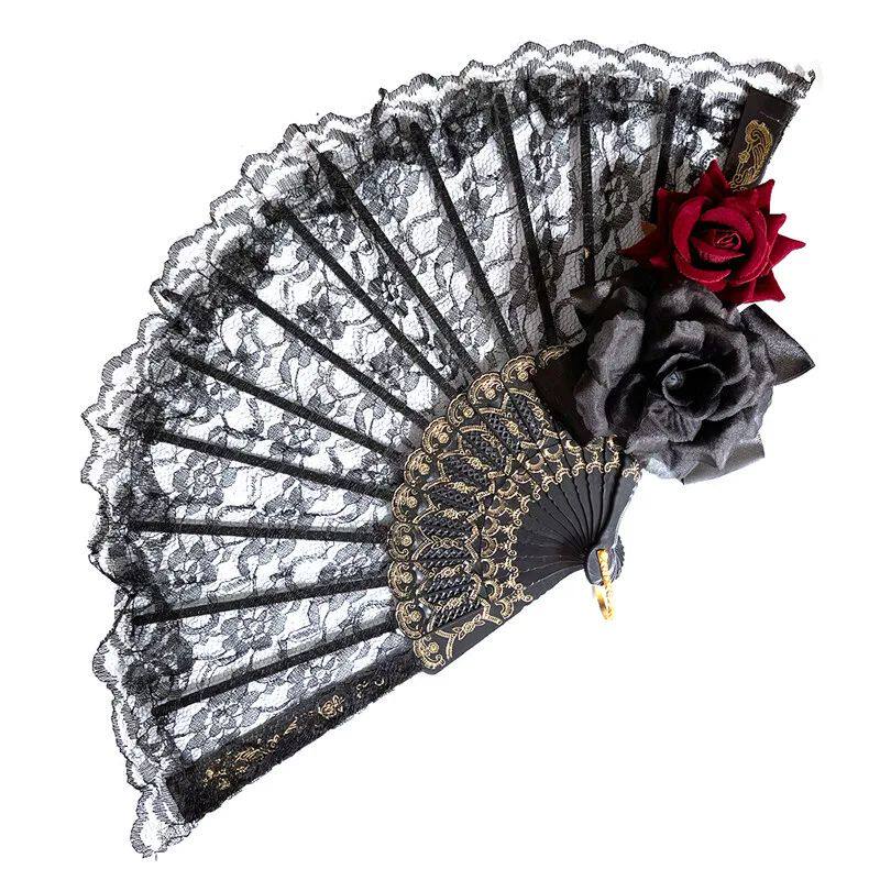Lolita Gothic Fan Victorian Female Lace Hand Fan Vintage Bla