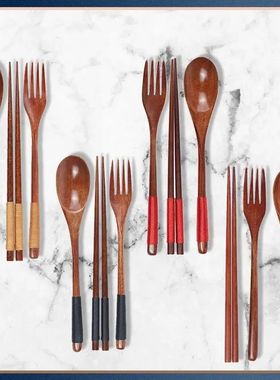 1pc Wooden Chopsticks Fork Spoon Three-piece Set Twine Japan