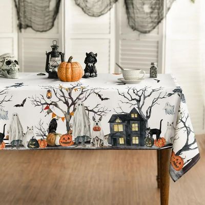 Halloween Lantern Pumpkin Cobweb Ghost Dog Fabric Tablecloth