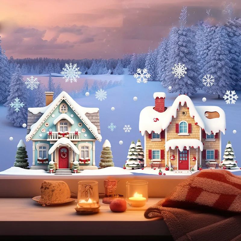 Christmas Houses Window Stickers Removable Static Glass Stic