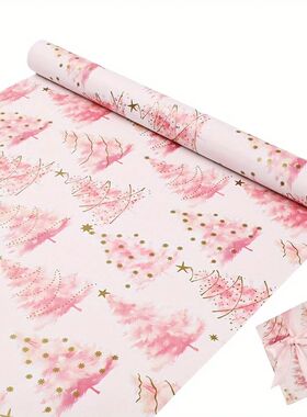 1 Roll 17inch x 393inch Pink with Gold Xmas Tree Wrapping Pa