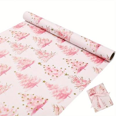 1 Roll 17inch x 393inch Pink with Gold Xmas Tree Wrapping Pa