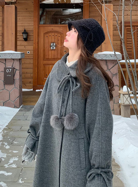 双面羊绒大衣千金感灰色蝴蝶结毛呢外套女冬季毛绒球中长款呢大衣