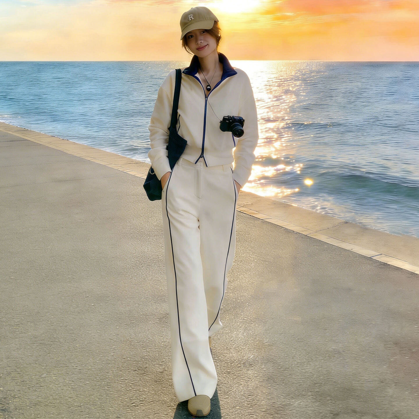 港风炸街休闲运动套装女春季洋气修身双头拉链卫衣阔腿长裤两件套