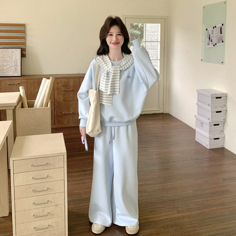 现货  本命年小马刺绣休闲运动套装爆款条纹披肩卫衣阔腿裤三件套