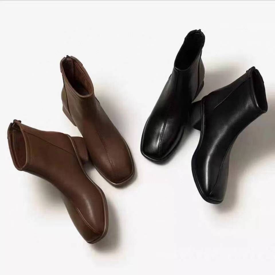 女鞋靴子马丁靴粗跟无内里牛剖层革中筒2024年秋季无内里