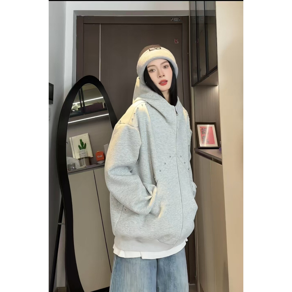 XZ413-HT162-P70-秋装新款铆钉拼接无耳朵尚百搭青少年连帽卫衣