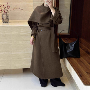 气质羊绒大衣双面毛衣外套女长款2025冬季新品带围巾简约气质大衣