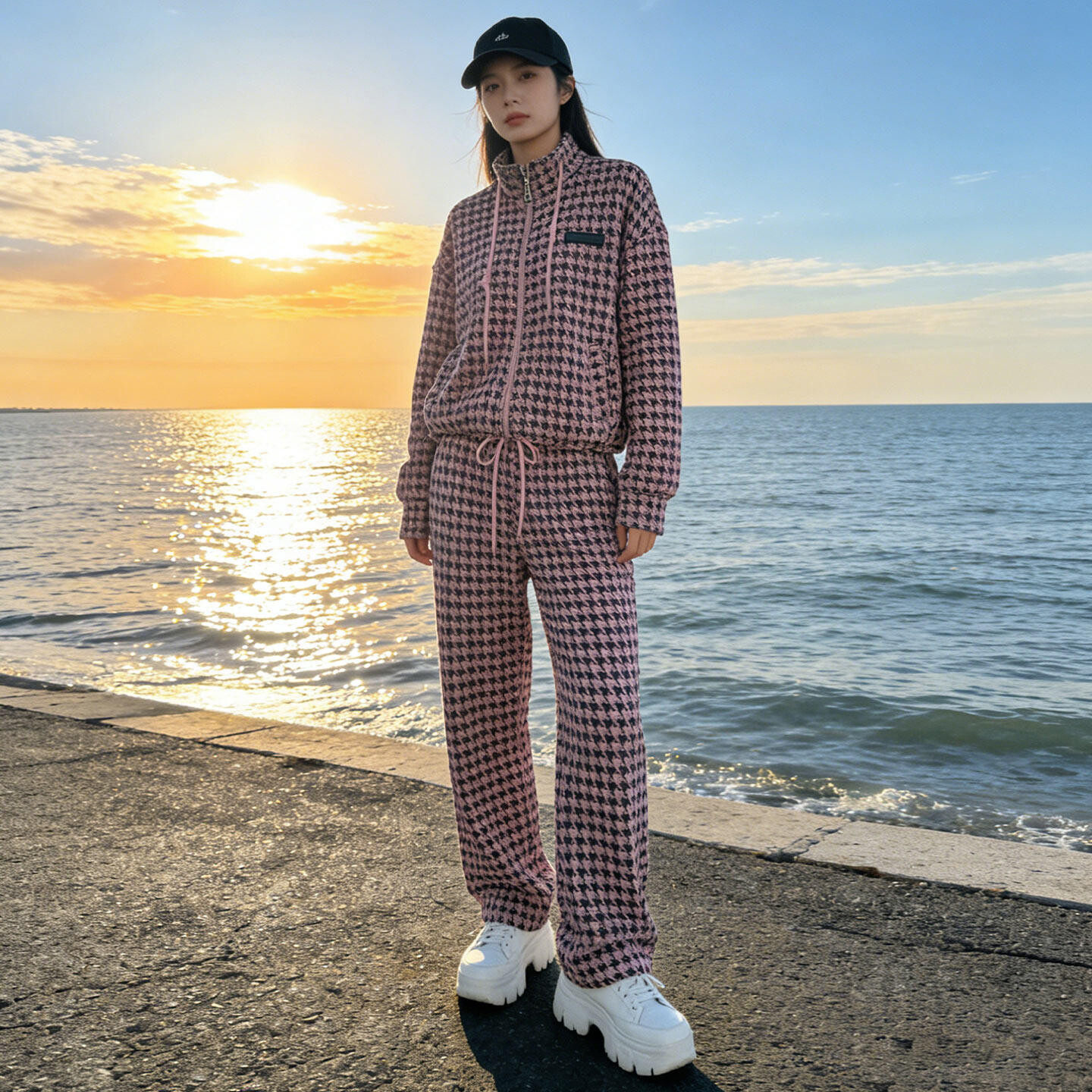 休闲运动套装女春新款粉色千鸟格抽绳立领上衣直筒长裤两件套显瘦