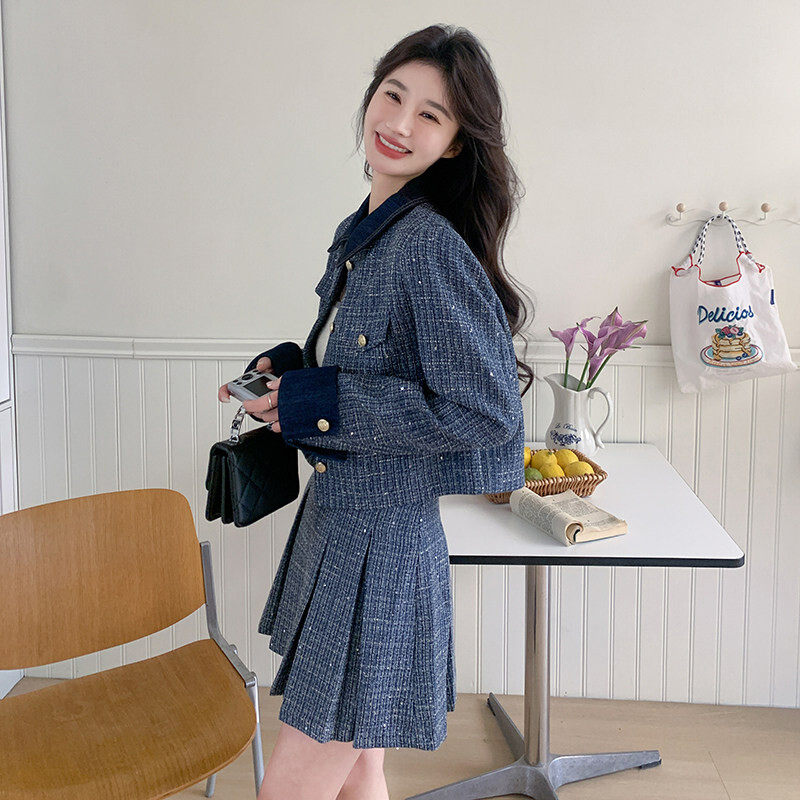 蓝色小香风套装女小个子短裙两件套2025年春秋新款名媛半身裙套装