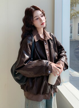 2026春秋季皮衣新款衬衫领条纹短款RF2C290-6875#-P175-K265