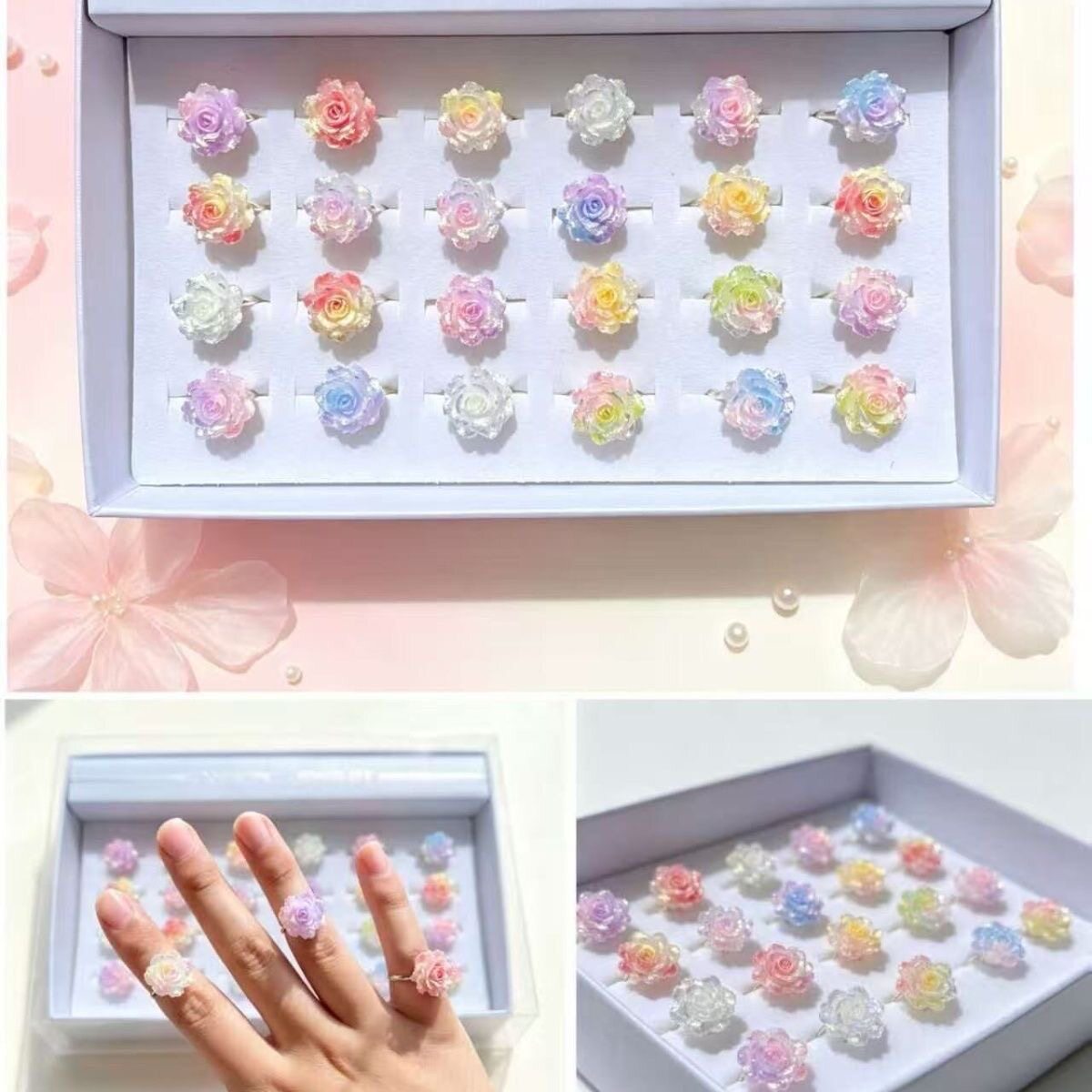 女童梦幻渐变玫瑰花戒指套装儿童礼盒小女孩过家家装饰生日礼物
