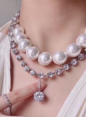 推荐时髦欧美大小珍珠项s链女满钻夸张多戴法气质锁骨链锆石颈链